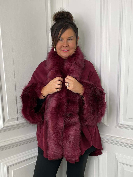 Malissa J Faux Fur Cape - Burgundy