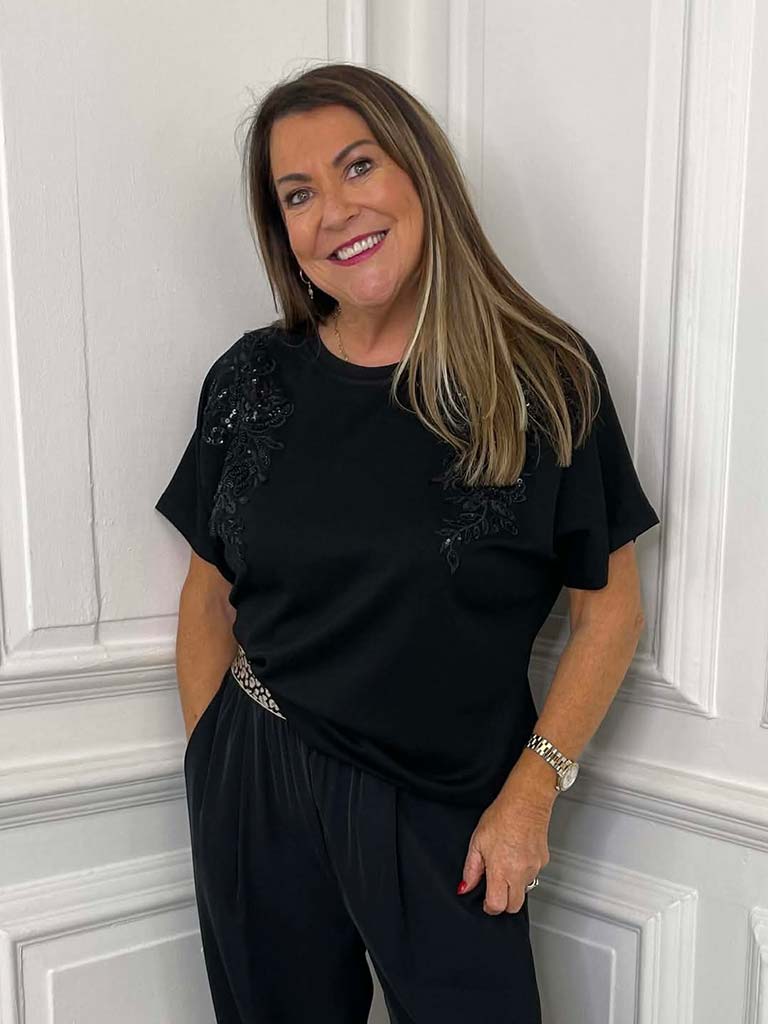 Malissa J Floral Embellished Top - Black