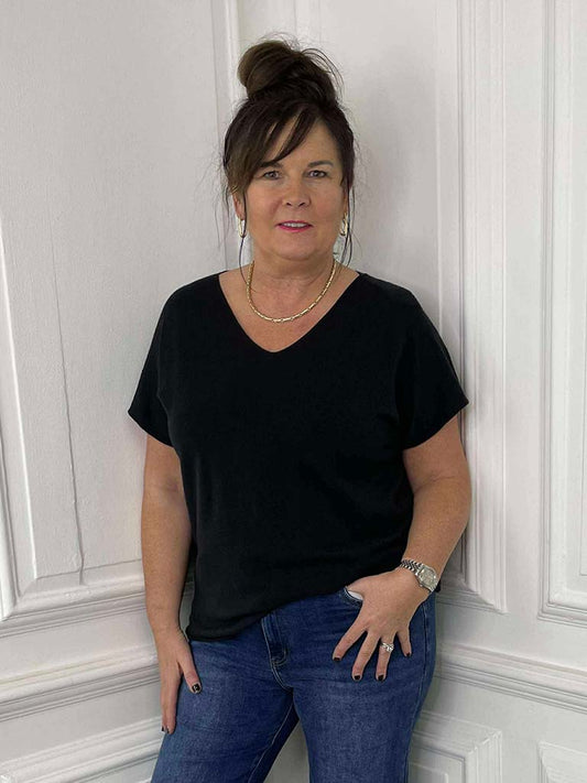 V-Neck Knit Top - Black
