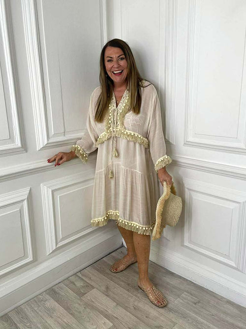 Ecru fringed kaftan dress with relaxed styling and tassel details, perfect for womens fashion and everyday wear in a modern. - Fringed Kaftan Dress - Ecru
