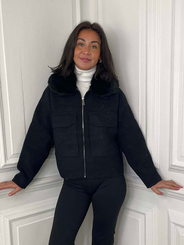 Faux Fur Collar Knitted Jacket - Black