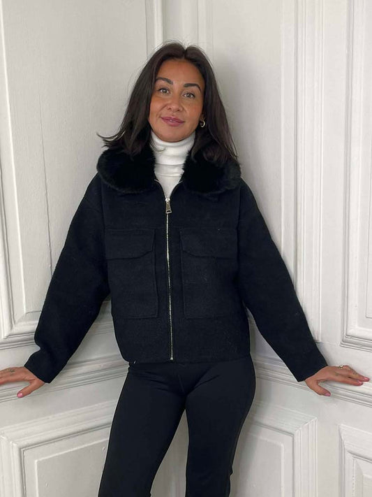Faux Fur Collar Knitted Jacket - Black