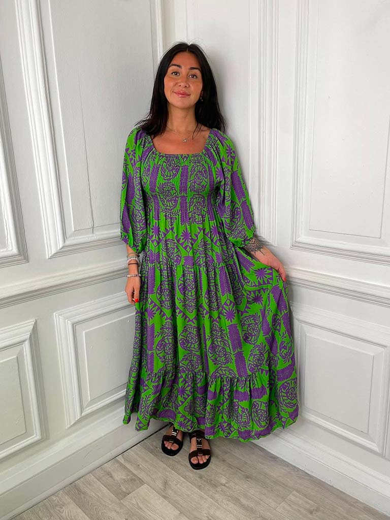 Forest Fern Bardot Dress - Green & Purple