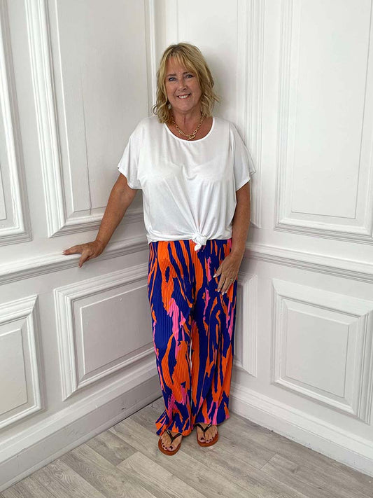 Ink Print Plissé Palazzos - Royal Blue & Orange