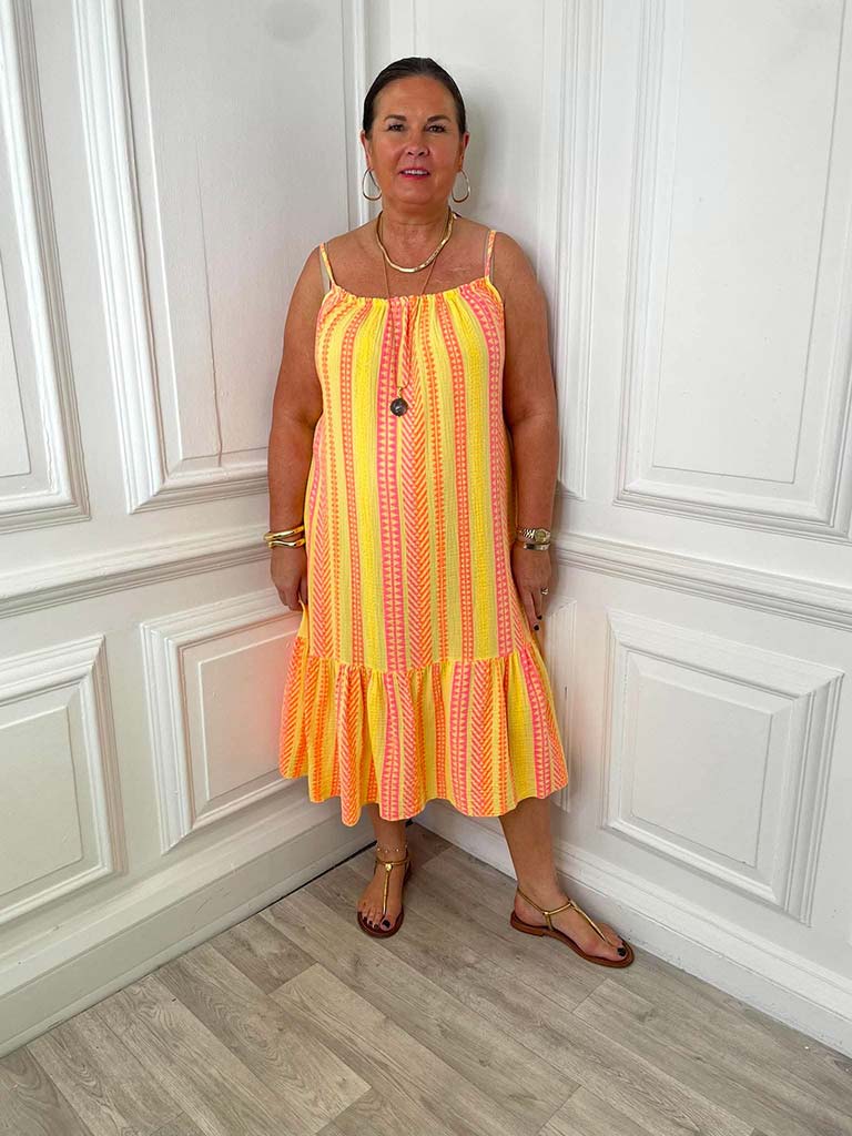 Aztec Peplum Hem Dress - Yellow Mix