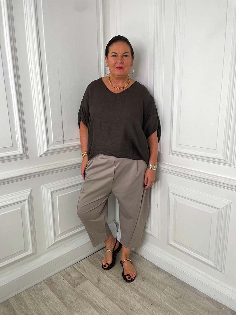Linen V-Neck Top - Chocolate