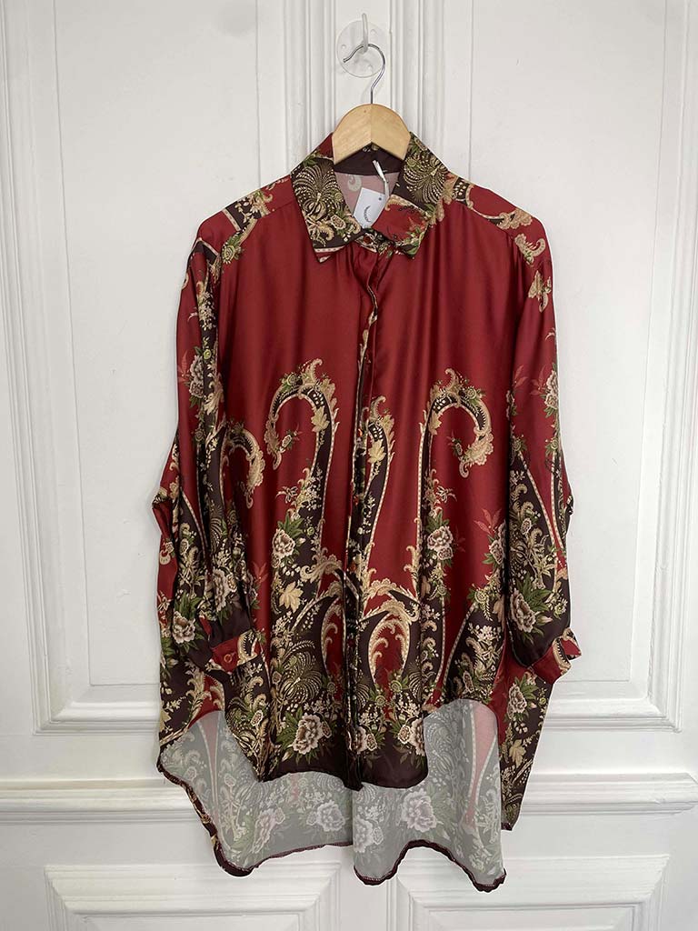 Ornate Floral Silk Feel Shirt - Rust