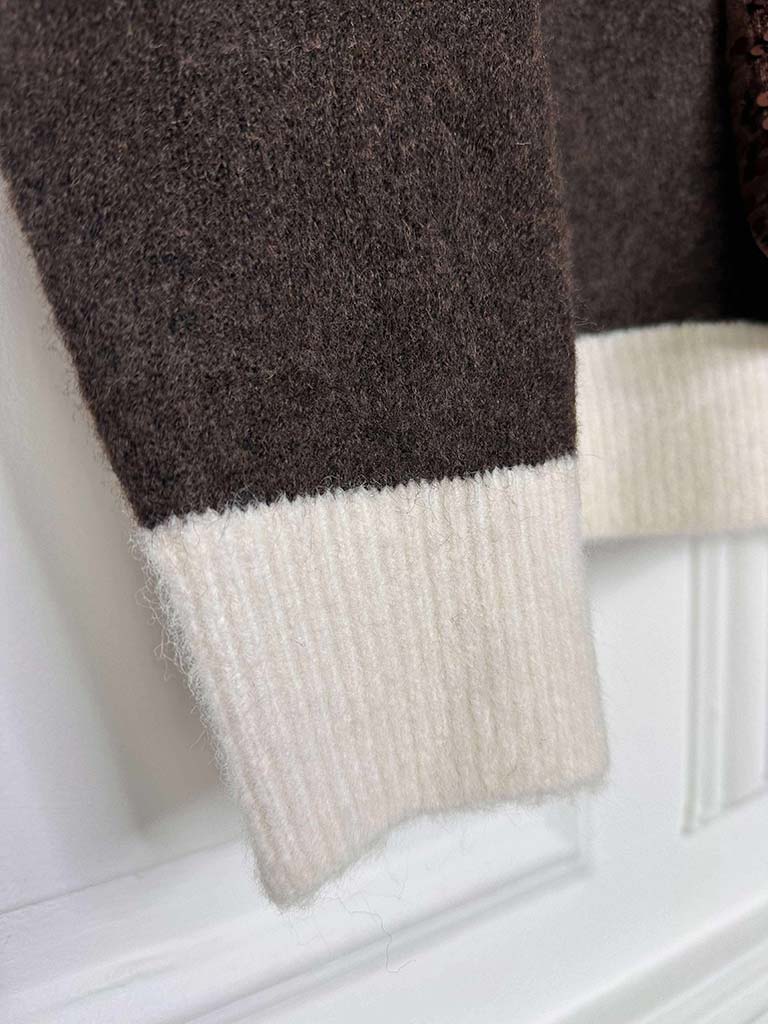 V-Neck Sequin Bow Knit - Chocolate