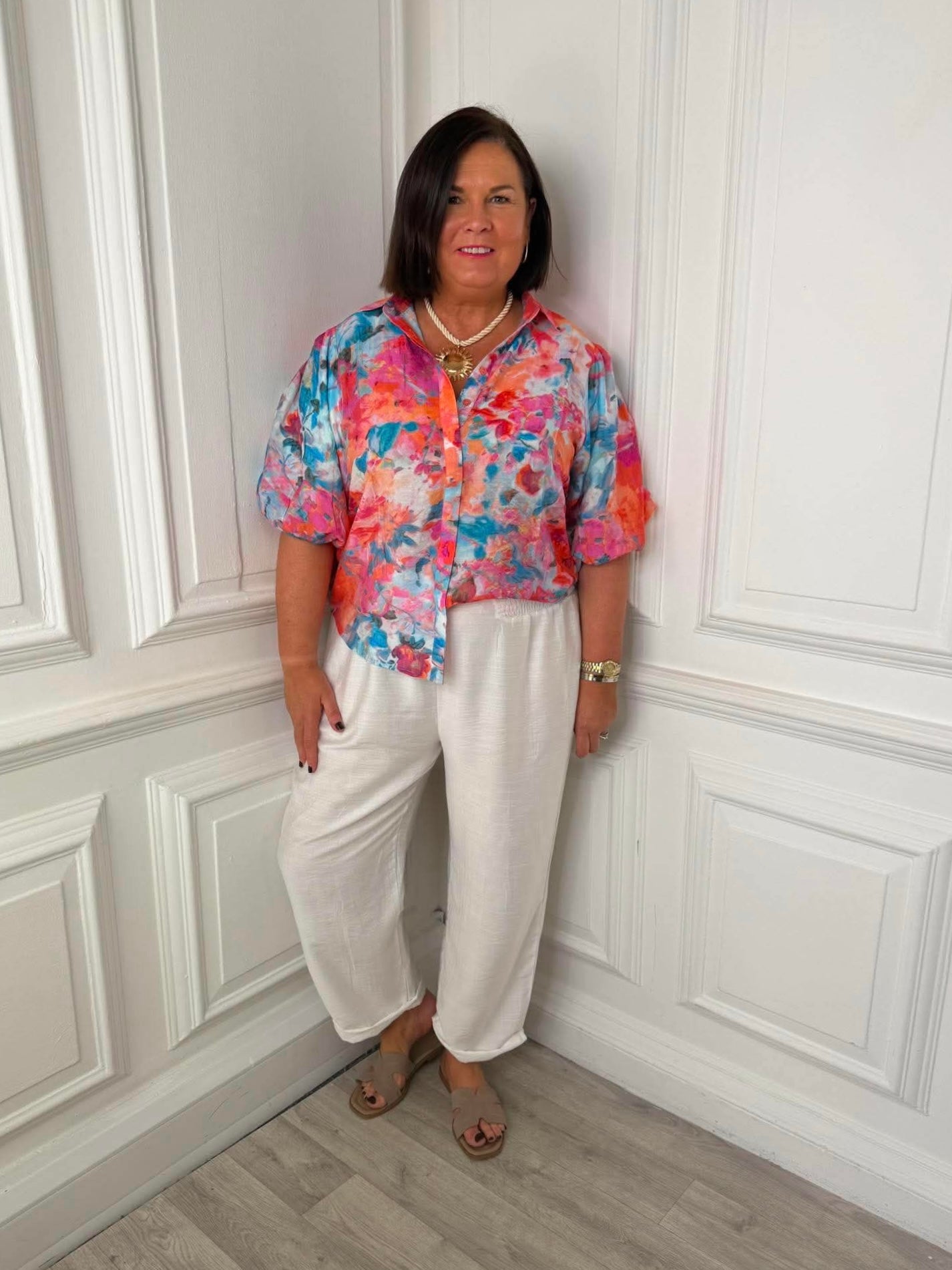 Puff Sleeve Vibrant Blooms Shirt