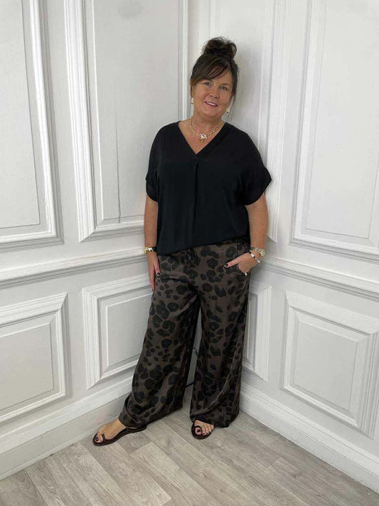 Leopard Silk Mix Palazzos - Chocolate