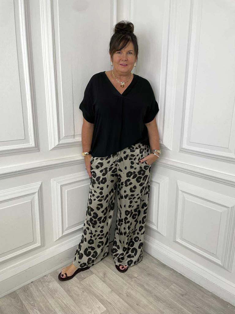 Leopard Silk Mix Palazzos - Driftwood