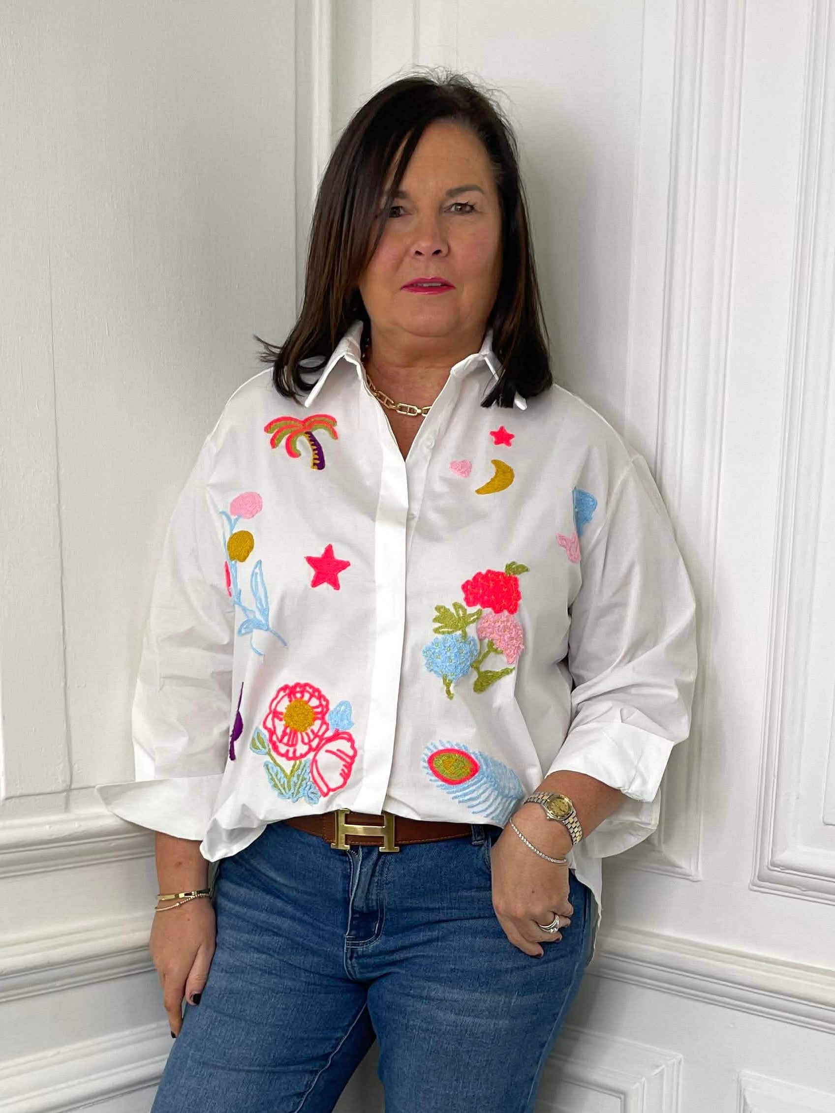 Neon Embroidered Shirt - White