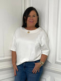 Warm white lace trim top with relaxed fit, styled with jeans for modern womens fashion everyday wear. - Malissa J Lace Trim Top - Warm White