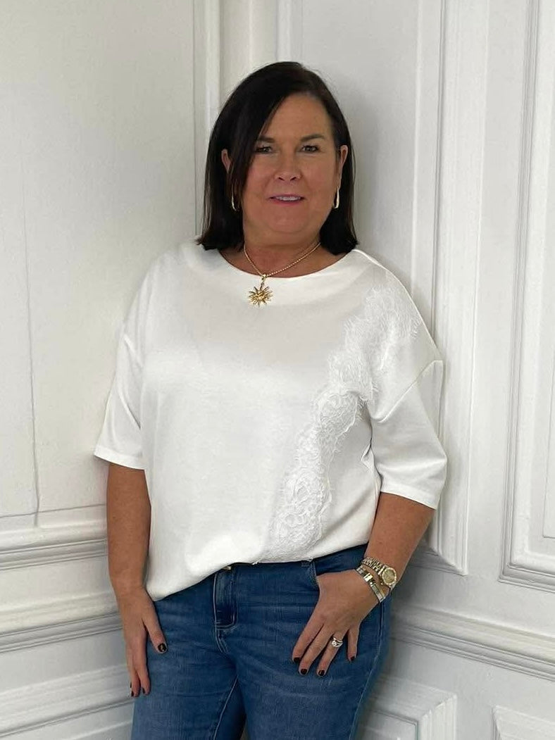 Warm white lace trim top with relaxed fit, styled with jeans for modern womens fashion everyday wear. - Malissa J Lace Trim Top - Warm White