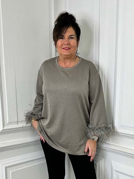Malissa J Studded and Feather Trim Top - Mushroom