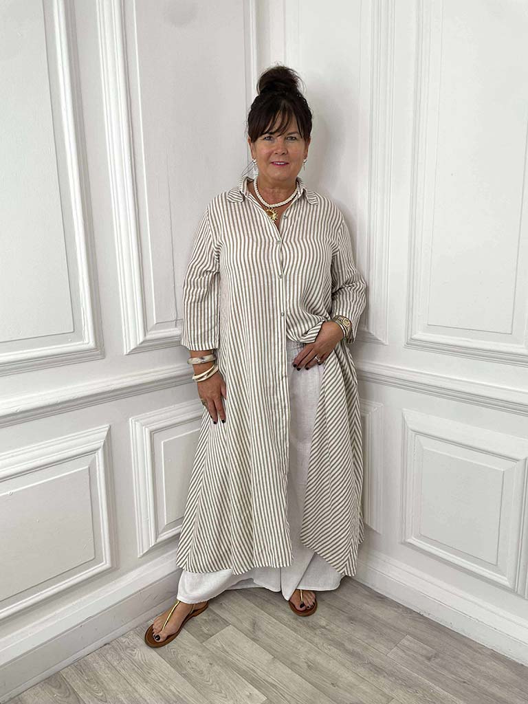 Linen Stripe Shirt Dress - Sand