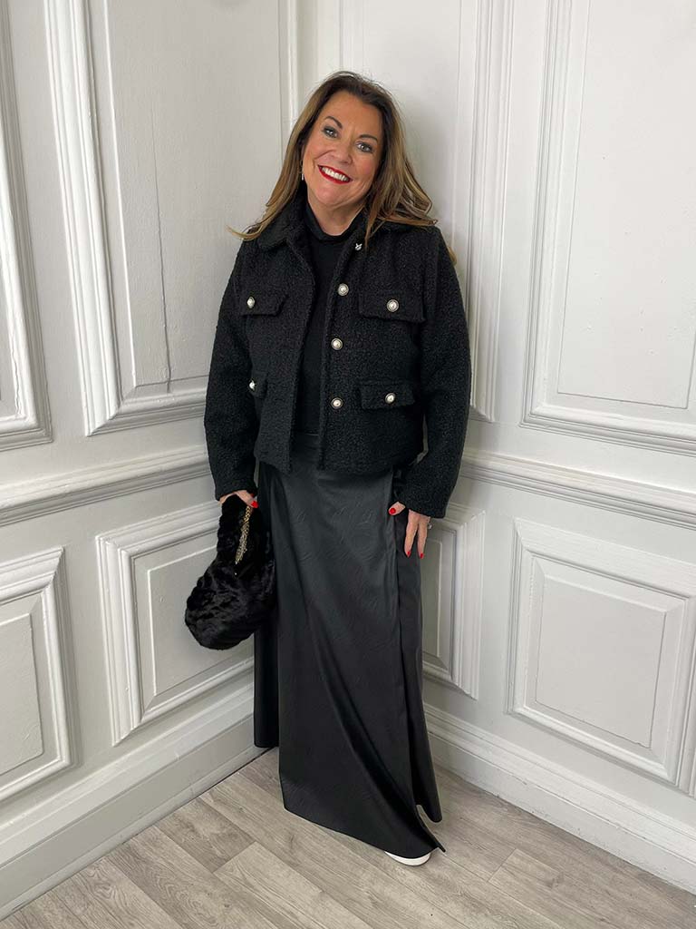 Boucle Pearl Button Jacket - Black