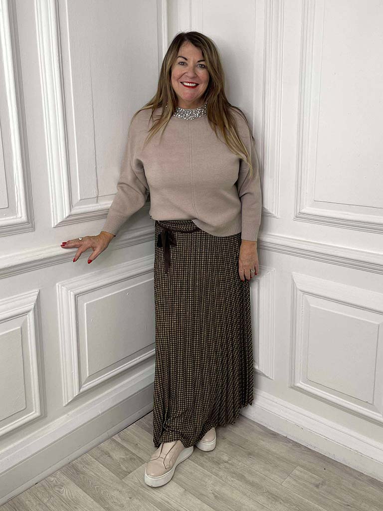 Houndstooth Pleated Skirt - Camel