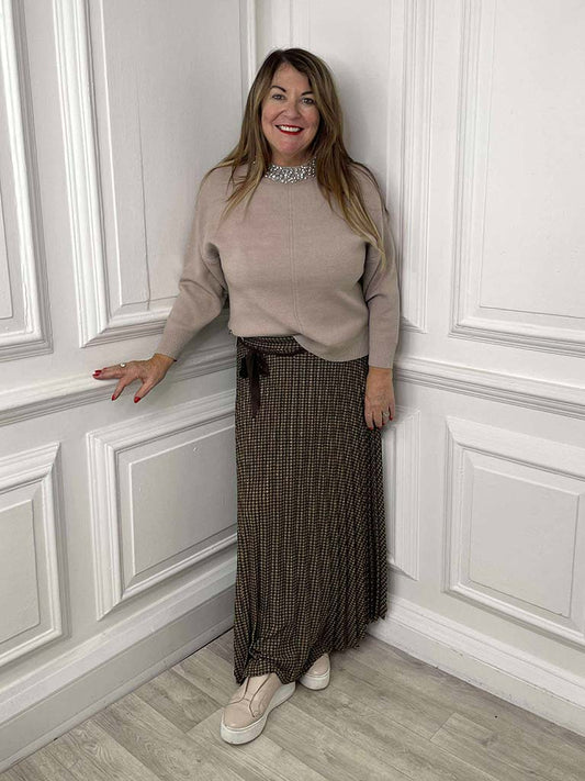 Houndstooth Pleated Skirt - Camel