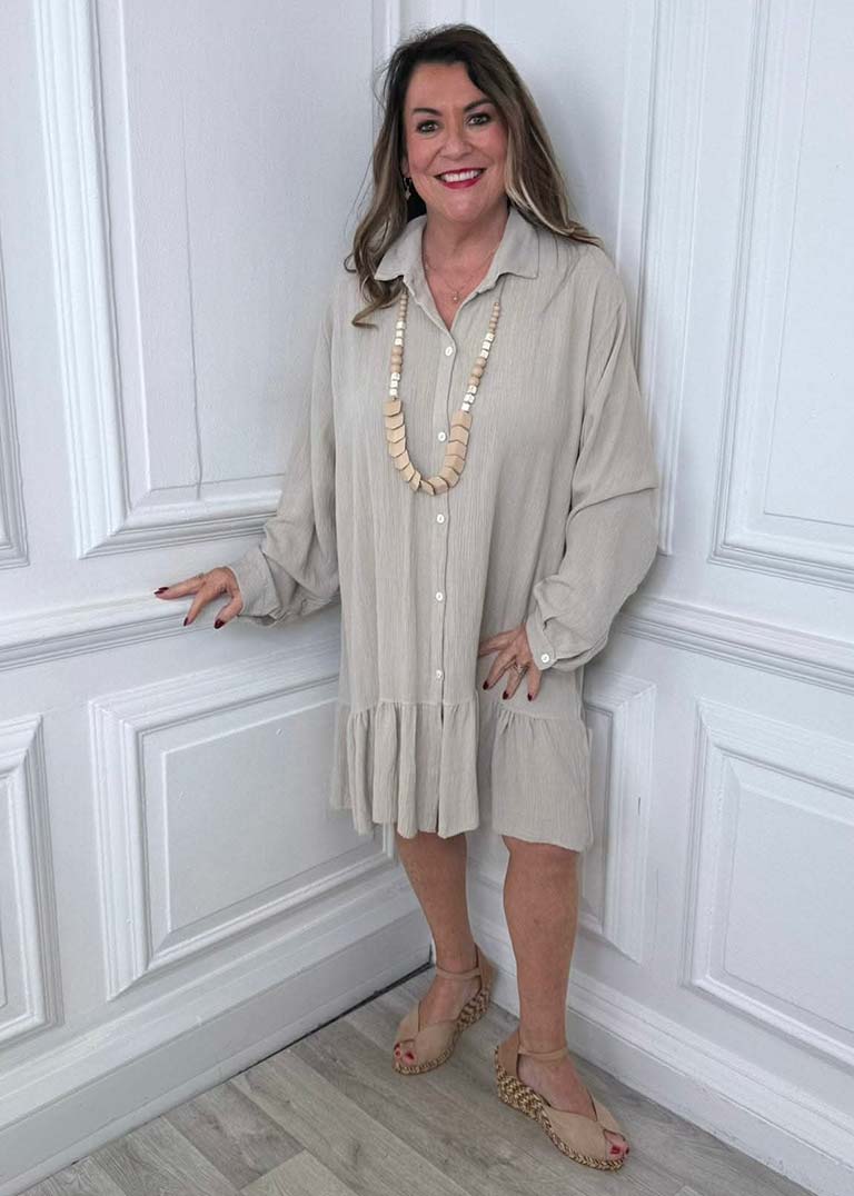 Drop Peplum Shirt Dress - Stone