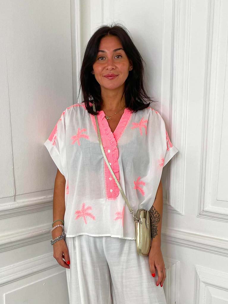 Palm Embroidered Cotton Top