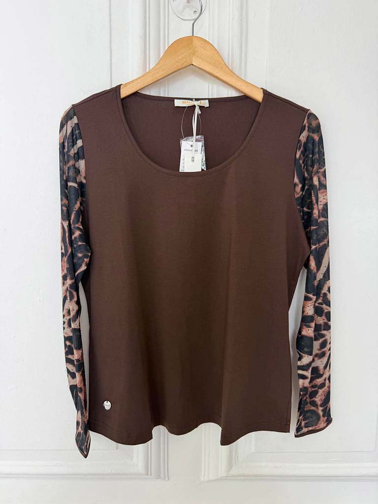 Malissa J Mesh Sleeve Top - Chocolate Leopard
