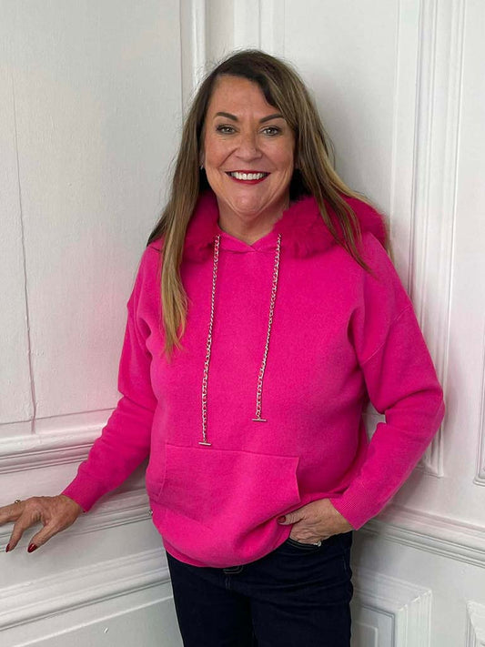 Malissa J Faux Fur Hooded Knit - Hot Pink