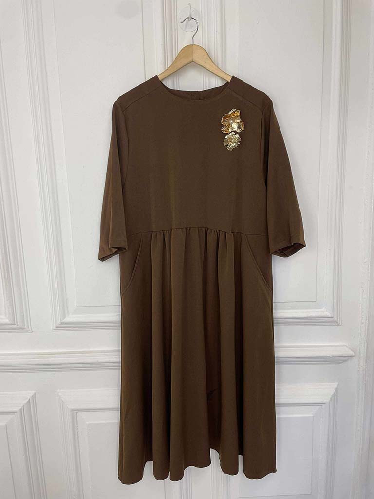 Gold Brooch Smock Midaxi Dress - Fudge