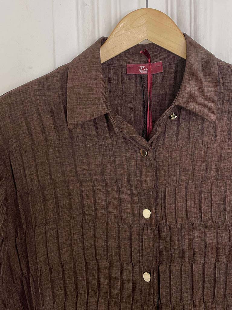 Textured Pleat Shirt Dress - Chocolate