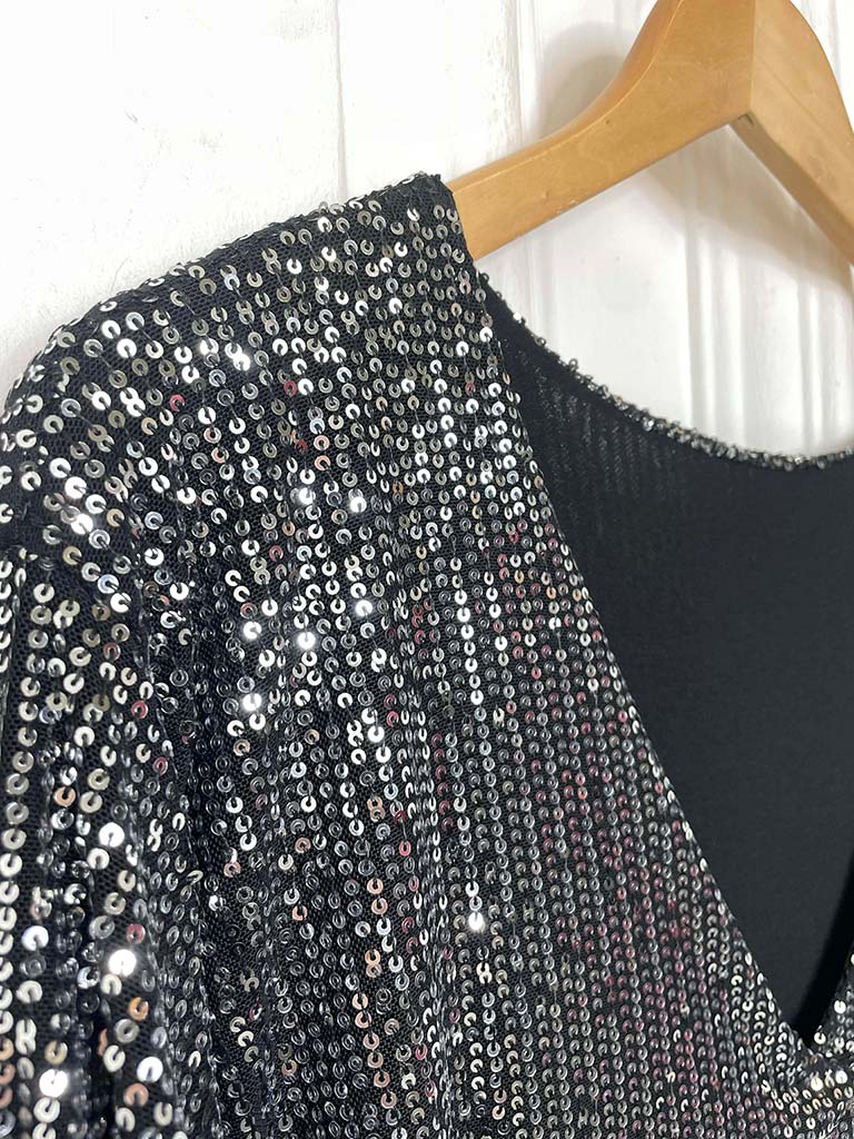 Sequin V-Neck Dress - Pewter
