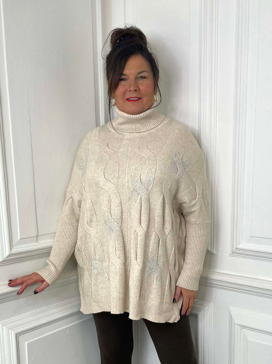 Cable Shimmer Polo Knit - Ecru