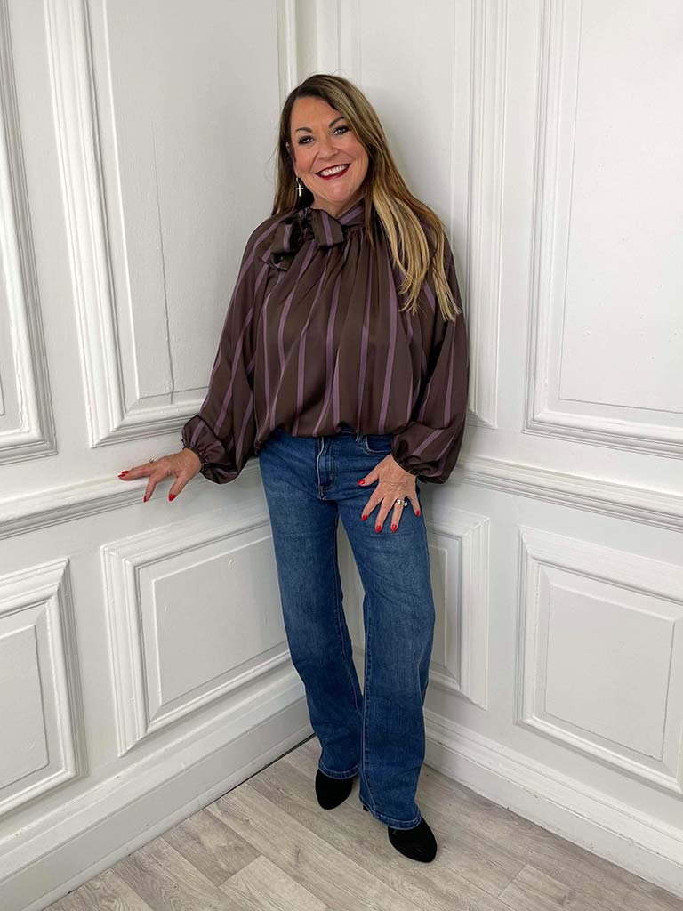 Stripe Tie Neck Blouse - Chocolate