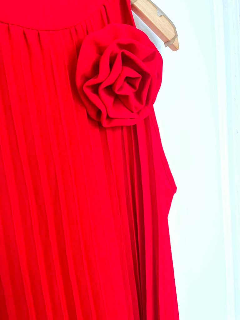 Pleated Flower Midi Dress - Cherry