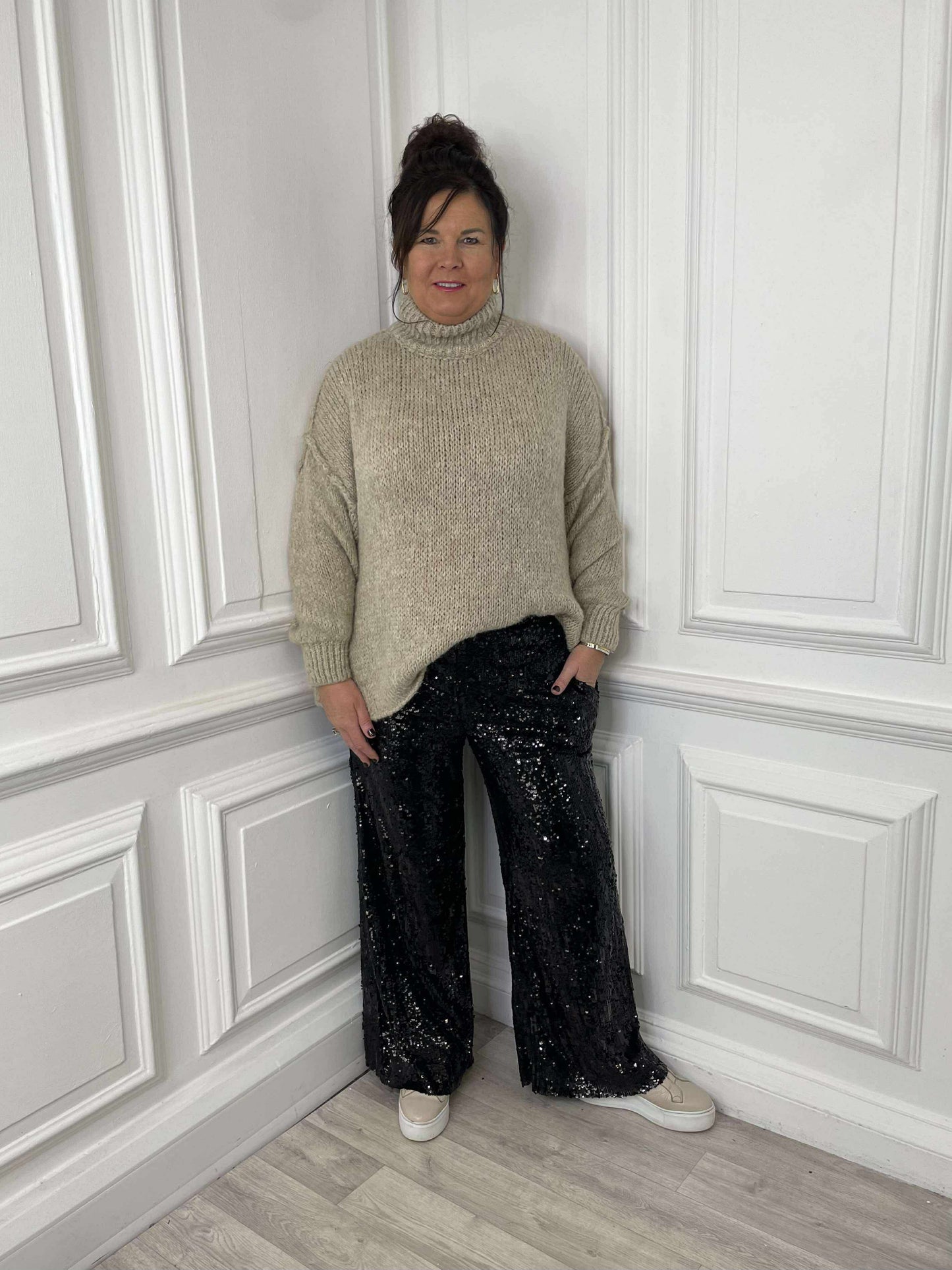 Sequin Wide Leg Trousers - Black