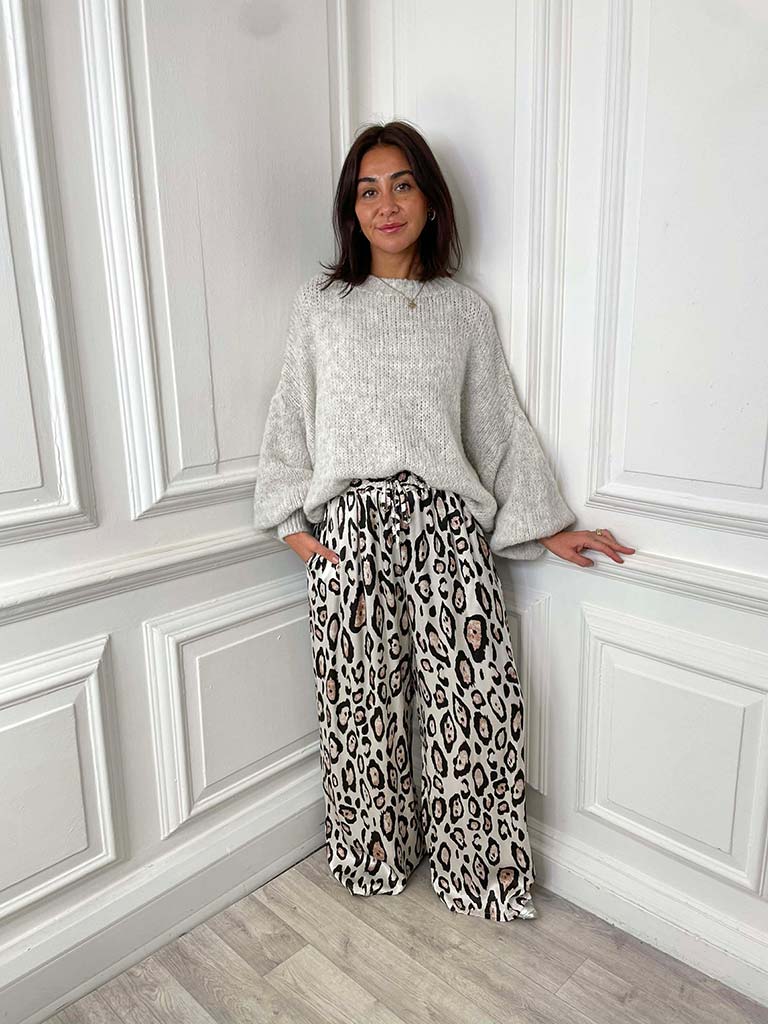 Leopard Silk Feel Palazzos - Champagne