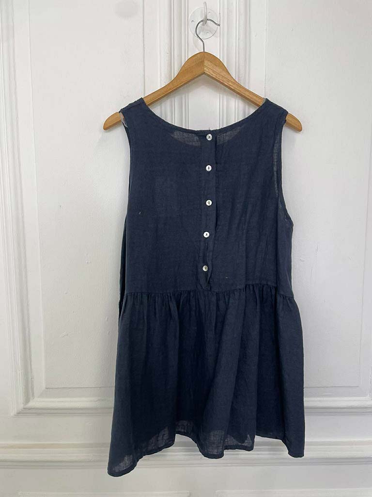 Linen Button Back Sleeveless Top - Navy