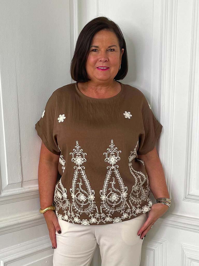 Henna Embroidered Boxy Top - Truffle