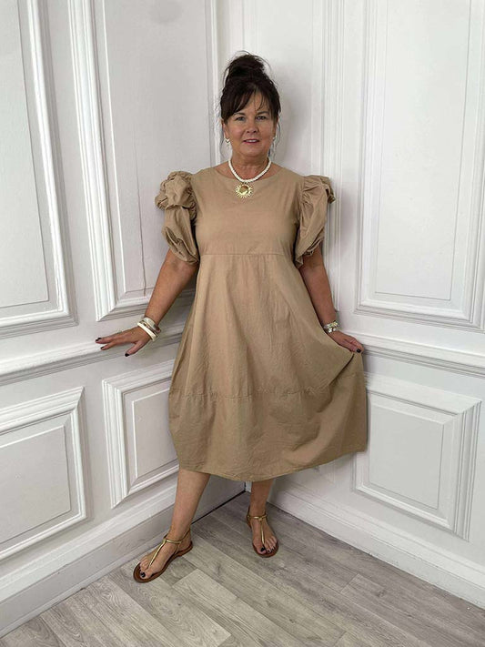 Puff Sleeve Cocoon Dress - Caramel