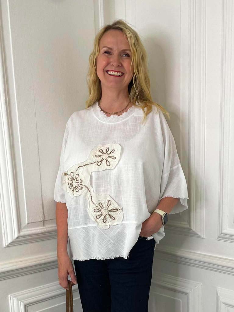 Flower Stitch Raw Edge Top - White