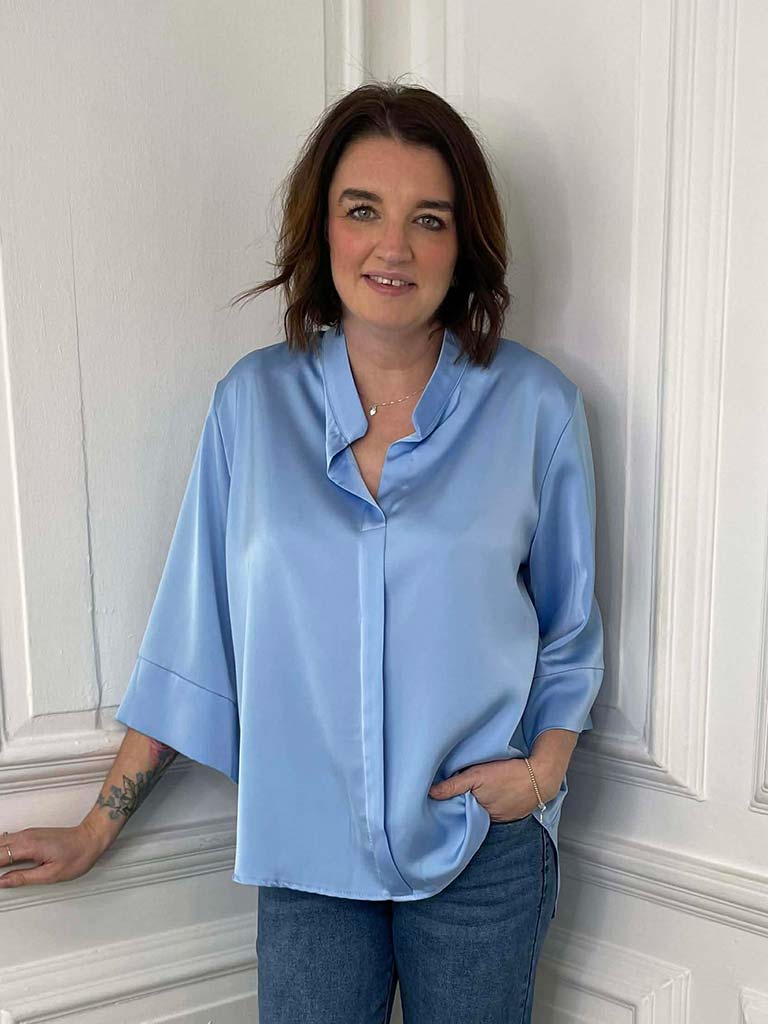 Silk Feel Mandarin Blouse - Sky