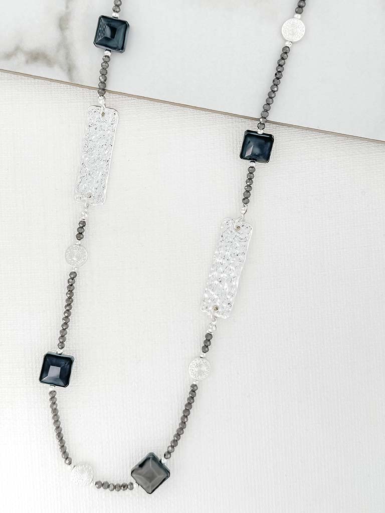 Envy Bead & Plate Necklace - Silver & Grey