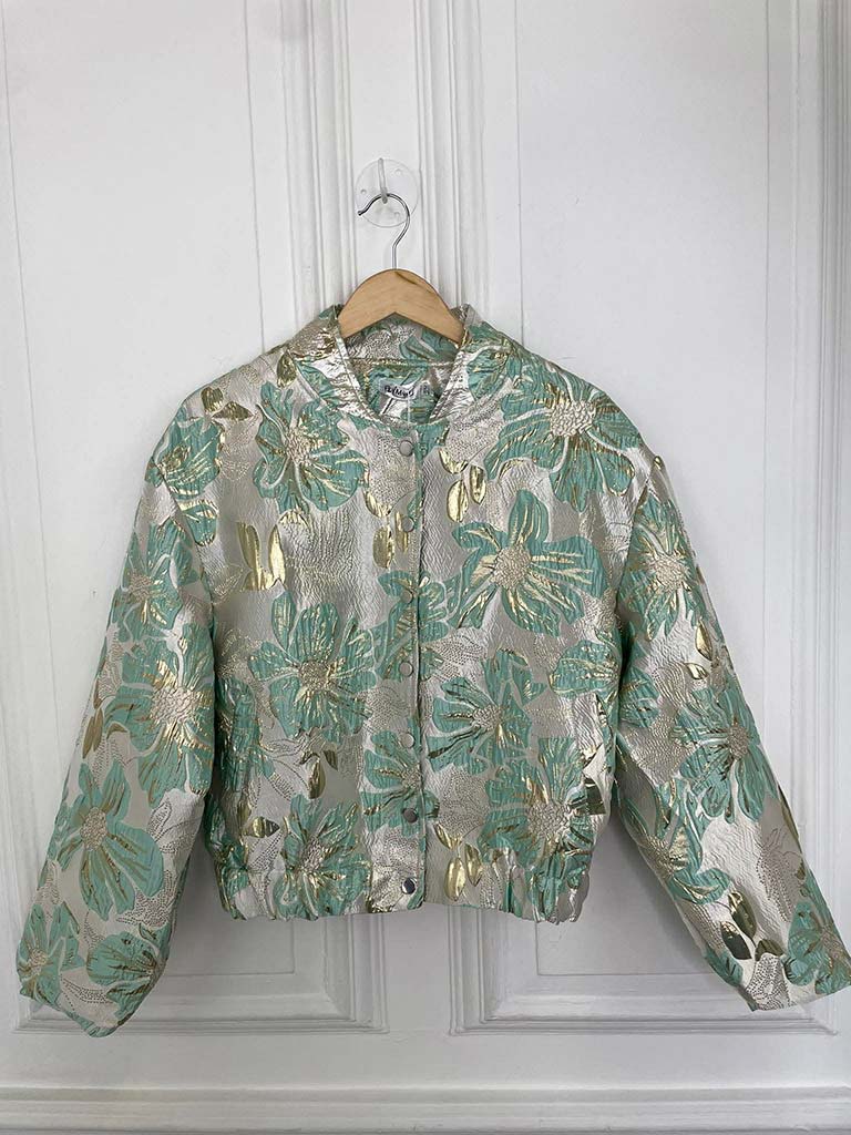 Metallic Puff Sleeve Bomber Jacket