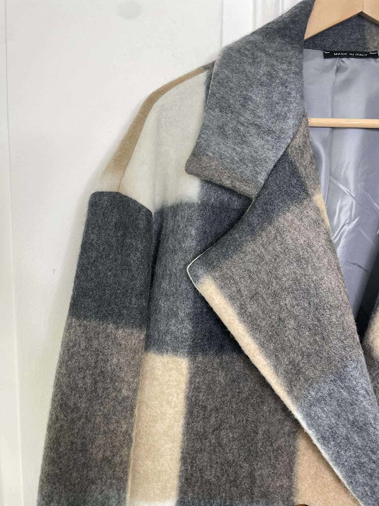 Check Wool Mix Coat - Stone