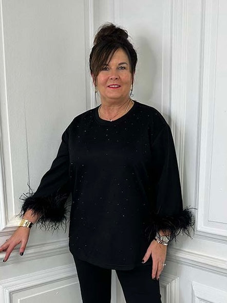 Malissa J Studded and Feather Trim Top - Black