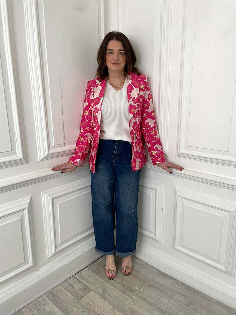 Metallic Flower Blazer - Fuchsia
