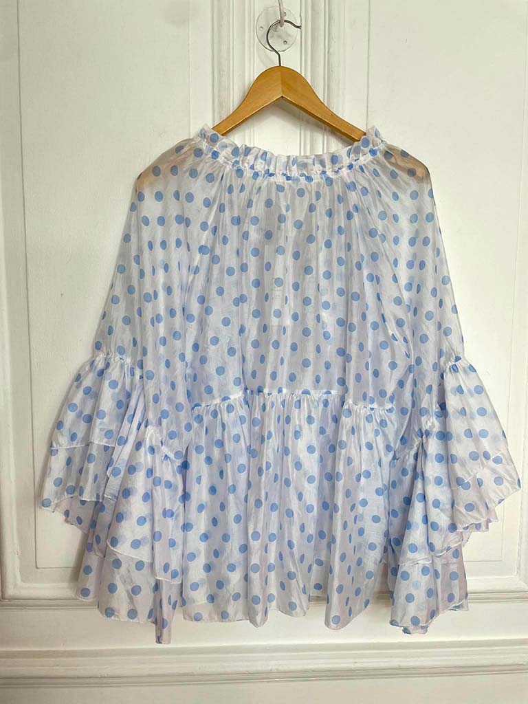 Polka Dot Ruffle Blouse - White & Blue