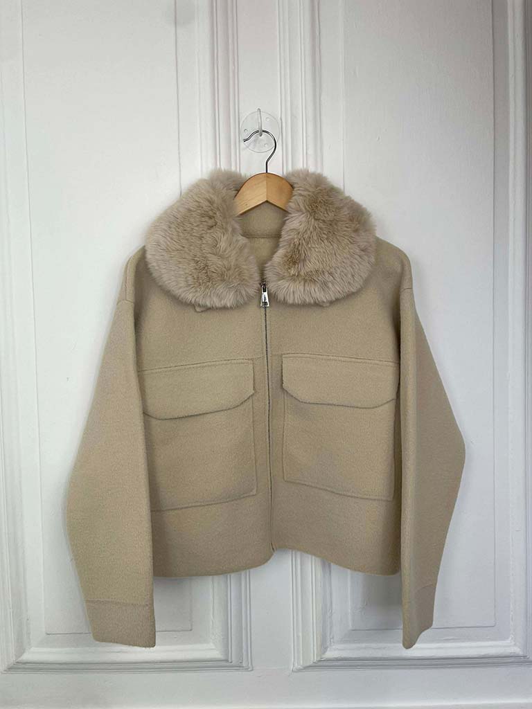 Faux Fur Collar Knitted Jacket - Stone
