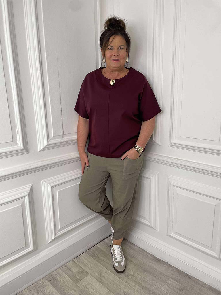 Boxy Scuba Button Top - Merlot