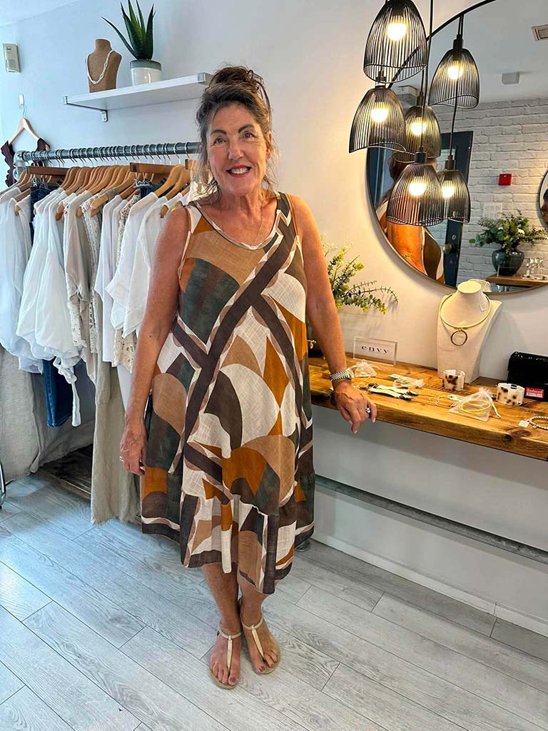 Abstract Print A-Line Dress - Chocolate & Tan