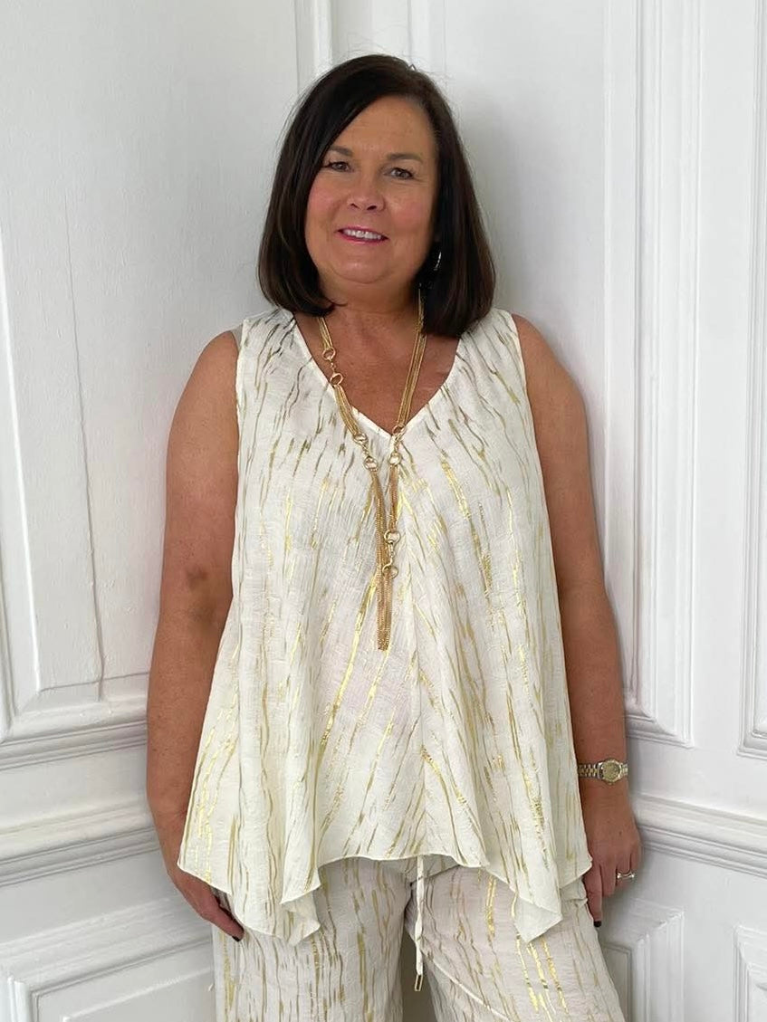 Malissa J V-Neck Bias Cut Vest - Cream & Gold